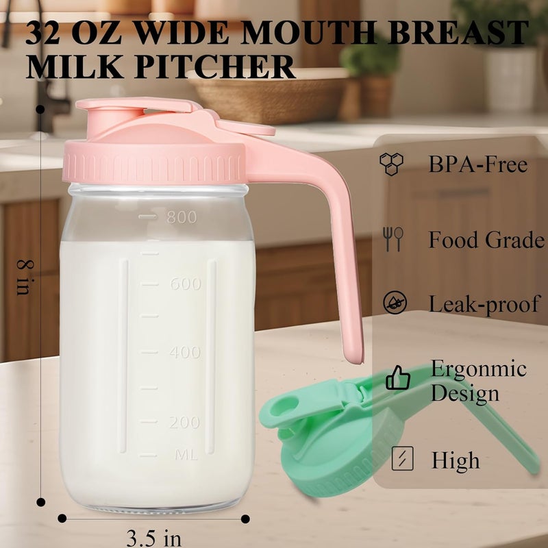 Mihlapi Mason Jar Pitcher, 32 oz Glass Milk Pitcher, Wide Mouth & Leakproof Glass Pitcher with Lid for milk, Sun Tea, Juice, Cold Brew Coffee and Drinks - Image 5